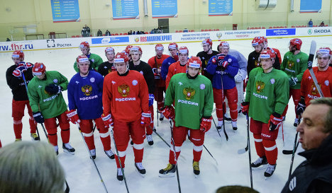 Хоккеисты сборной России во время тренировки сборной на УТЦ "Новогорск"